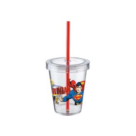   Pohár Műanyag Csavaros Tetővel és Szívószállal Átlátszó 440ml - Superman